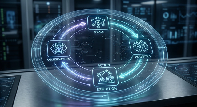 Un diagramma futuristico circolare che mostra il ciclo di feedback di un agente AI con icone che rappresentano obiettivi, pianificazione, azione e osservazione