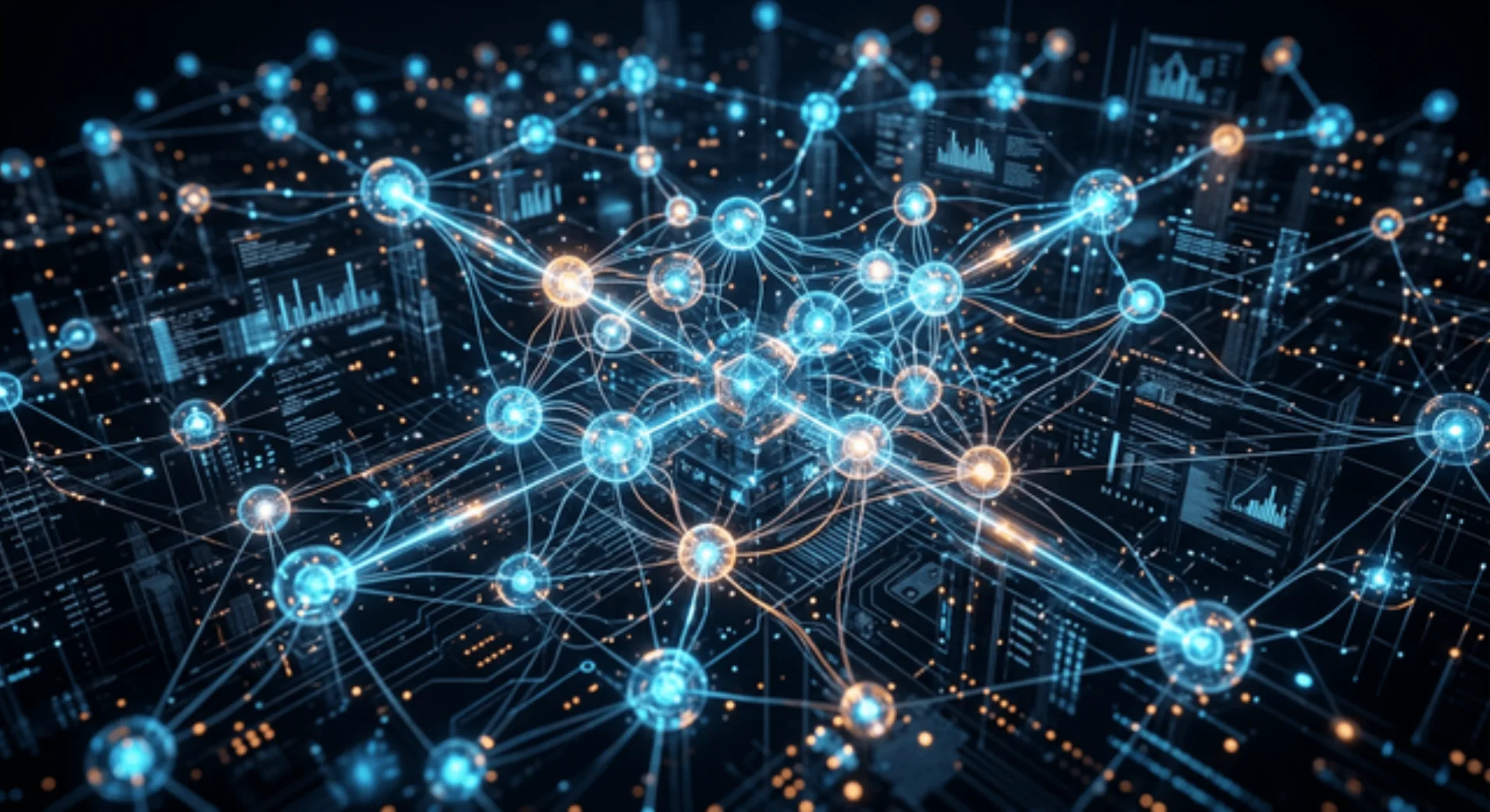 Una rete di nodi interconnessi che rappresenta un sistema AI multi-agente che collabora a un compito complesso in un ambiente digitale