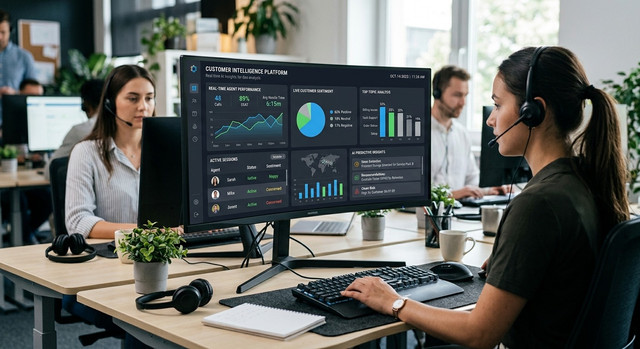 Un moderno dashboard del servizio clienti che mostra analisi dei dati e approfondimenti in tempo reale generati da un agente AI