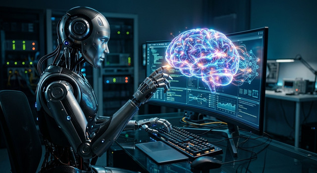 A robot and a glowing digital brain working together harmoniously on a computer interface