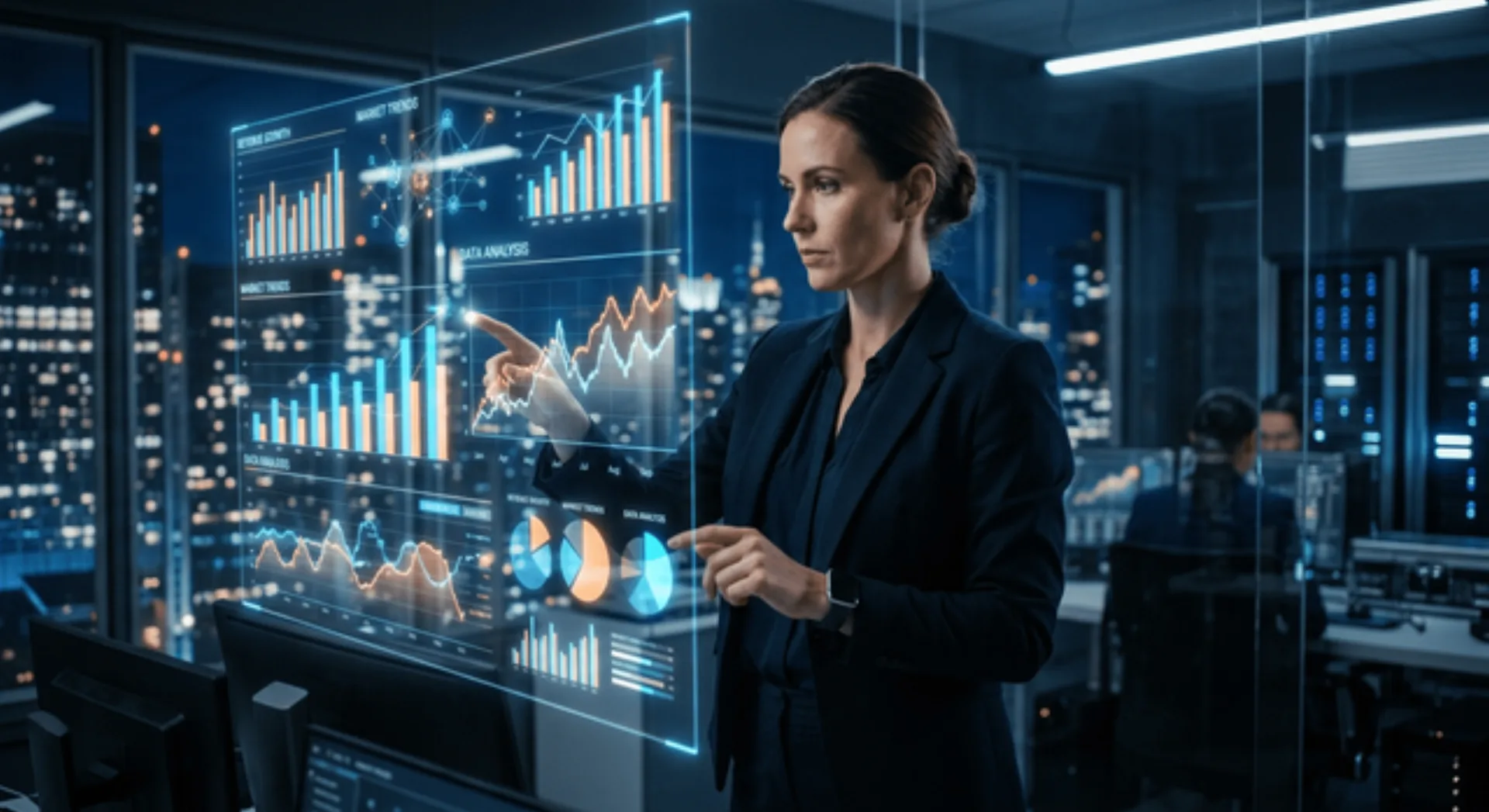 A business professional analyzing glowing charts and data visualizations on a futuristic holographic dashboard
