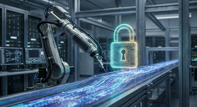 A digital padlock icon hovering over a stream of data being processed by a robotic arm