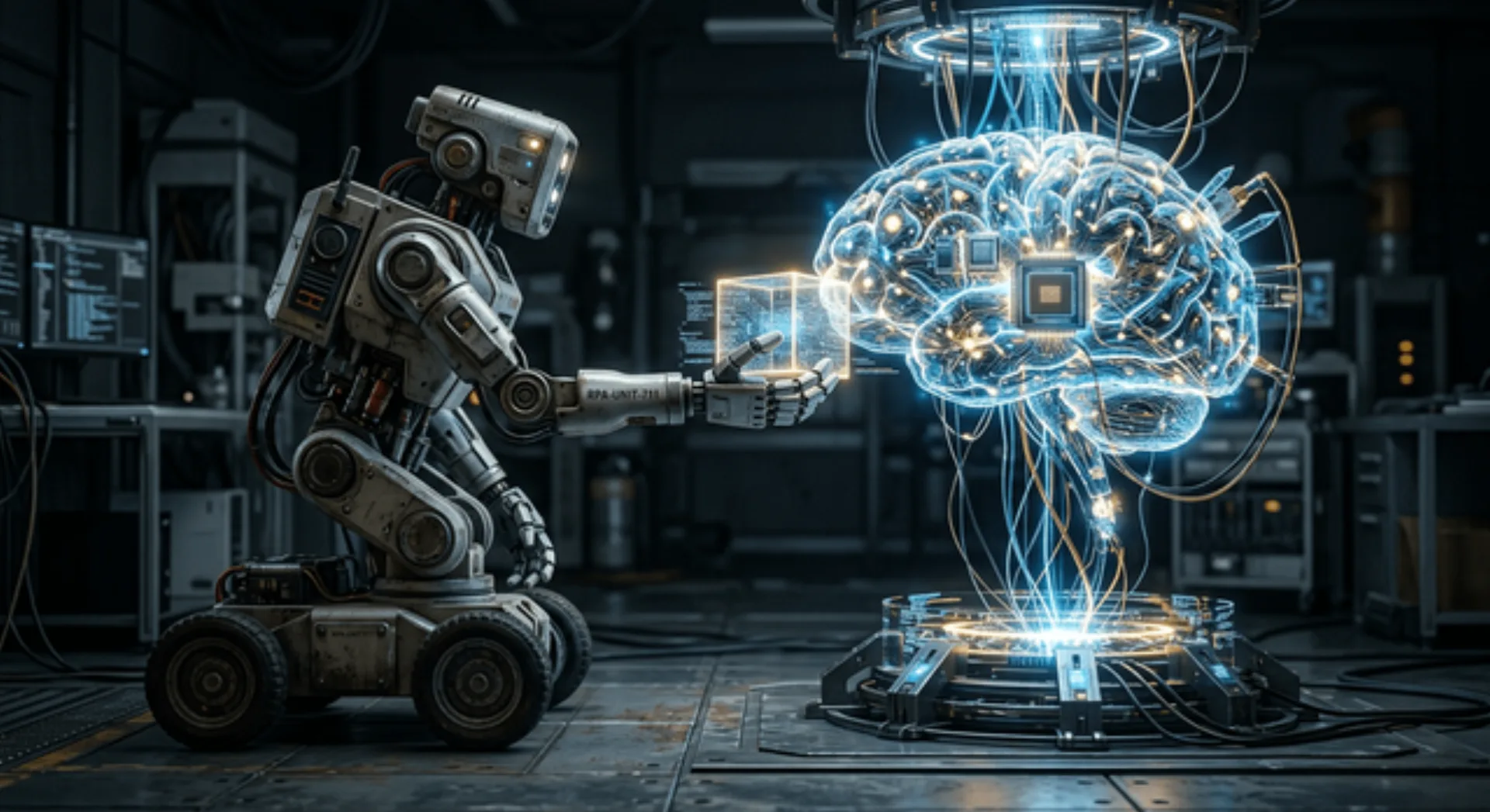 A simple robot handing a task to an AI brain