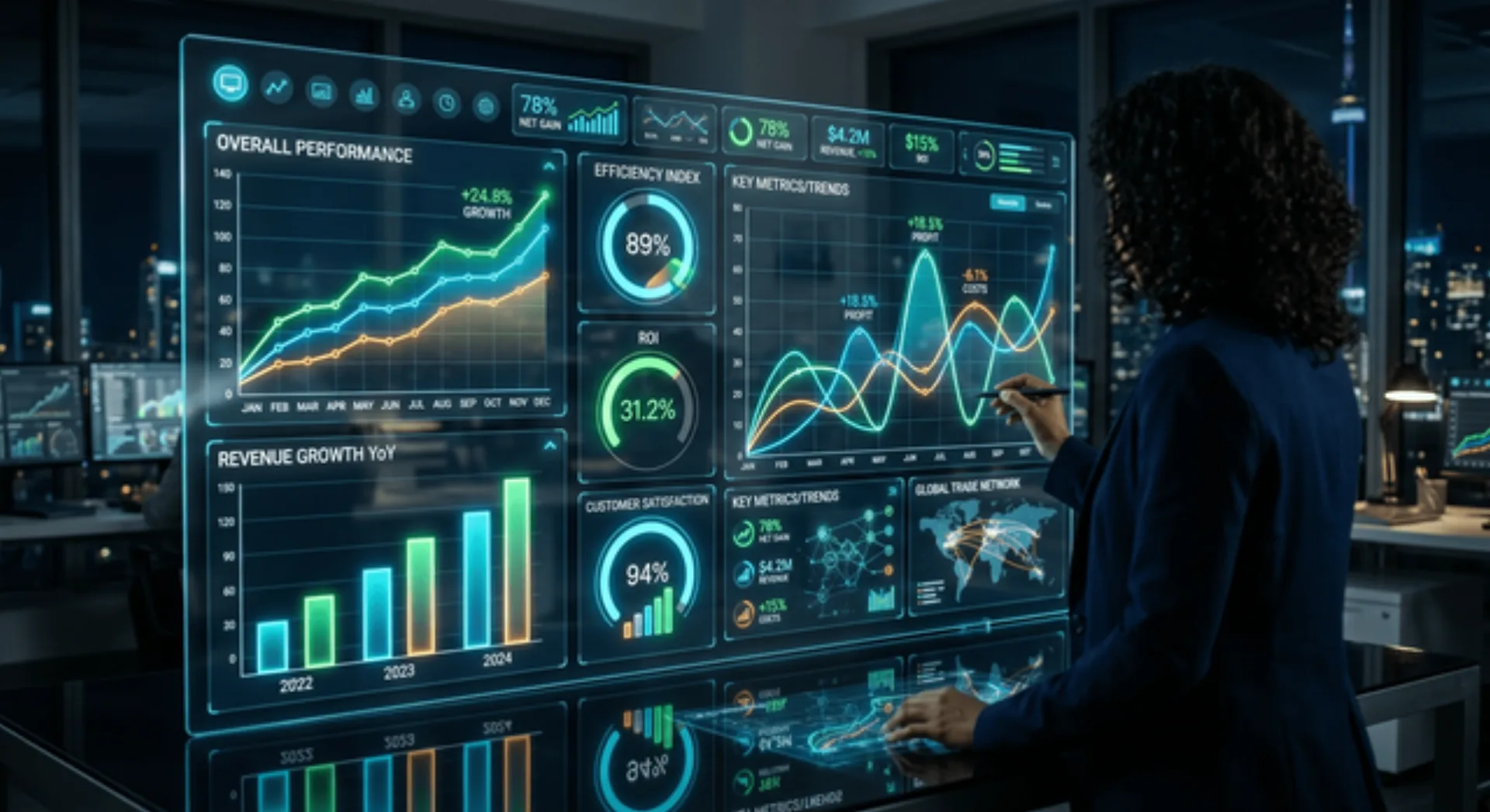 Un cruscotto aziendale futuristico che mostra grafici luminosi e diagrammi che indicano crescita delle prestazioni ed efficienza, rappresentando i benefici misurabili dell'automazione AI.