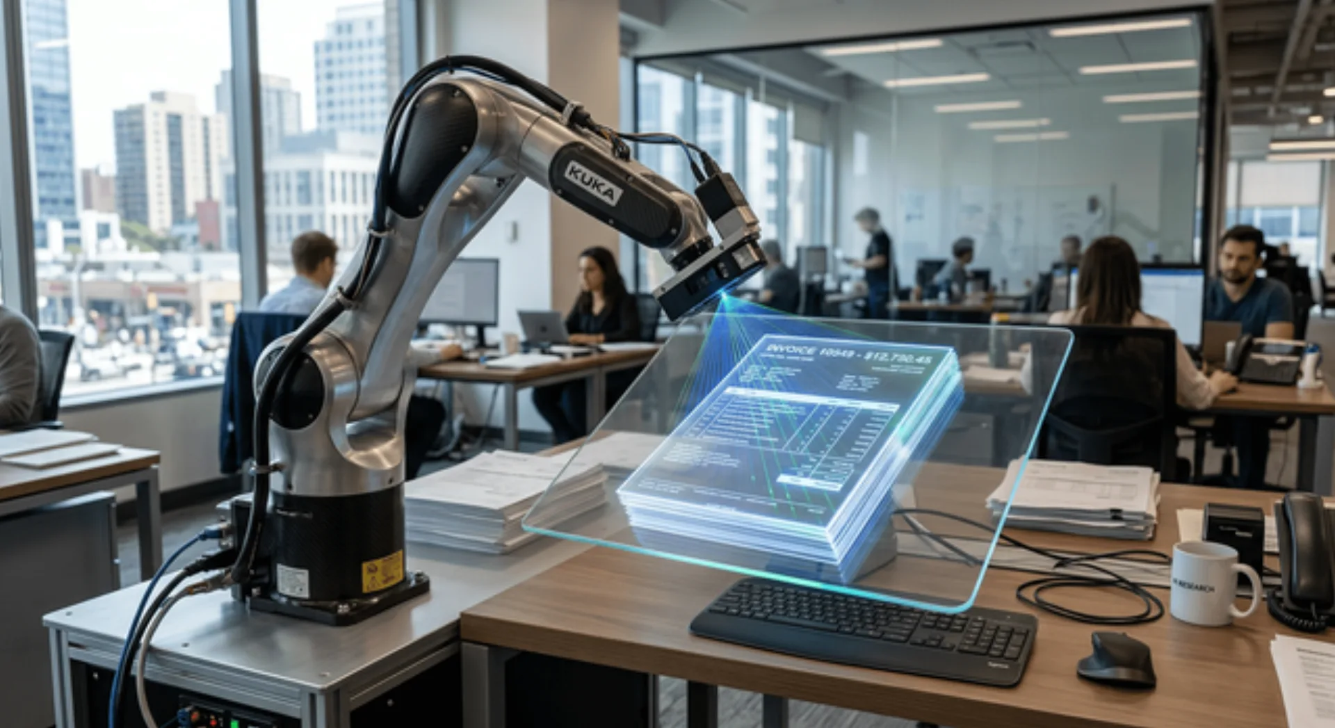 Un braccio robotico che scansiona ed elabora una pila di fatture digitali su uno schermo trasparente in un moderno ufficio, a dimostrazione di un caso d'uso finanziario per l'automazione AI.