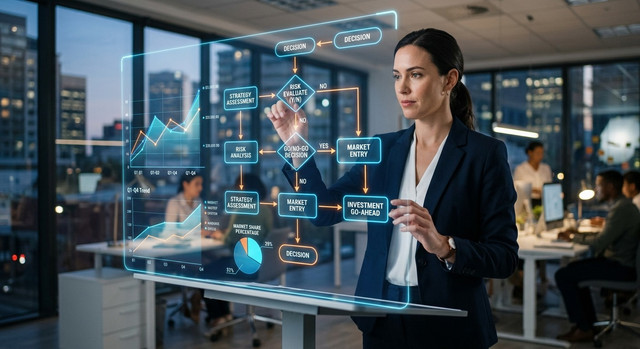 Professionista che utilizza un'interfaccia AI per la valutazione e la scelta di soluzioni tecnologiche
