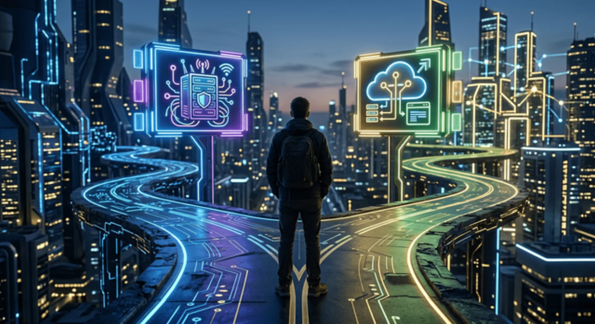 Una persona a un bivio di una strada digitale con insegne luminose che rappresentano scelte come self-hosted o SaaS