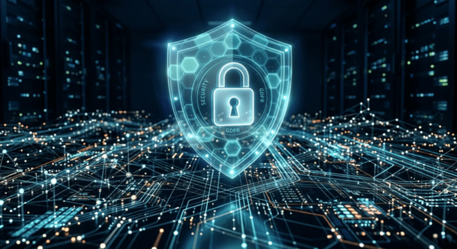 Digital shield with padlock symbolizing enterprise security.