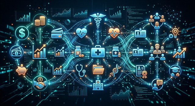A montage of digital icons representing finance healthcare and human resources connected by flowing lines of data
